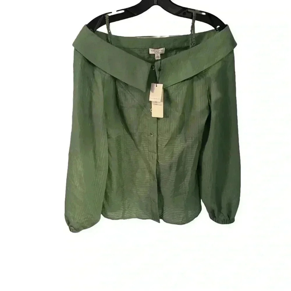 Current Air Los Angeles off the shoulder L/S button up top green NWT size Small